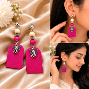 Elephant Charm, Wooden Beads With Pink Fabric Earring