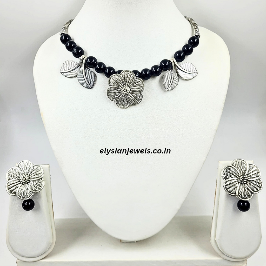 Black Beads, Flower And Leaf Oxidized Pendant Necklace
