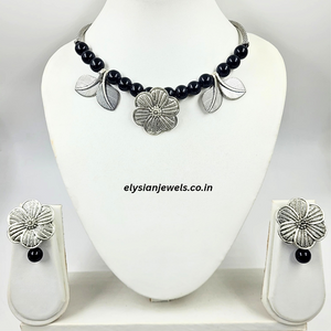 Black Beads, Flower And Leaf Oxidized Pendant Necklace