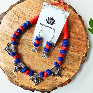 Red And Blue Cotton Beads With German Silver Oxidized Necklace