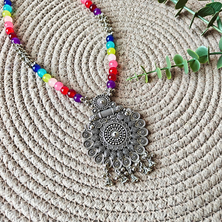 8mm Multicolour Beads, CCB Beads With Oxidized Pendant Necklace