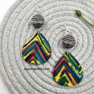 Oxidized Beads With Peacock Print Fabric Earring