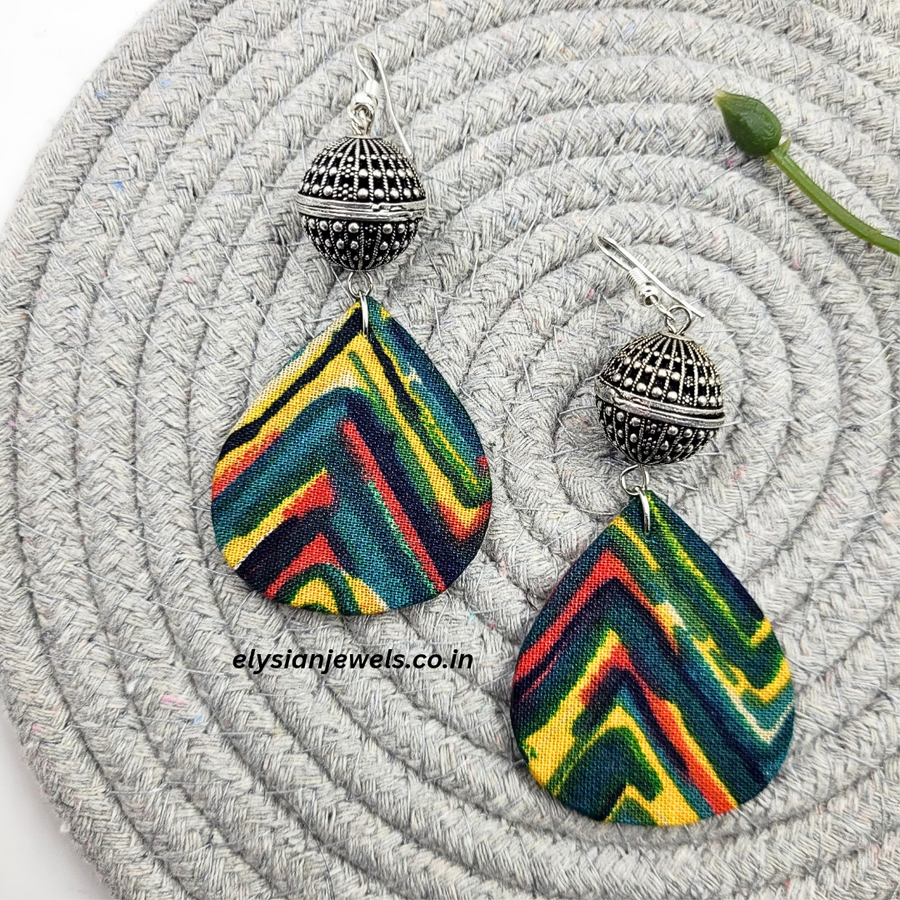 Oxidized Beads With Peacock Print Fabric Earring