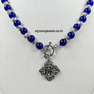 Navy Blue Beads & Silver Beads With Rose Charm Oxidized Necklace