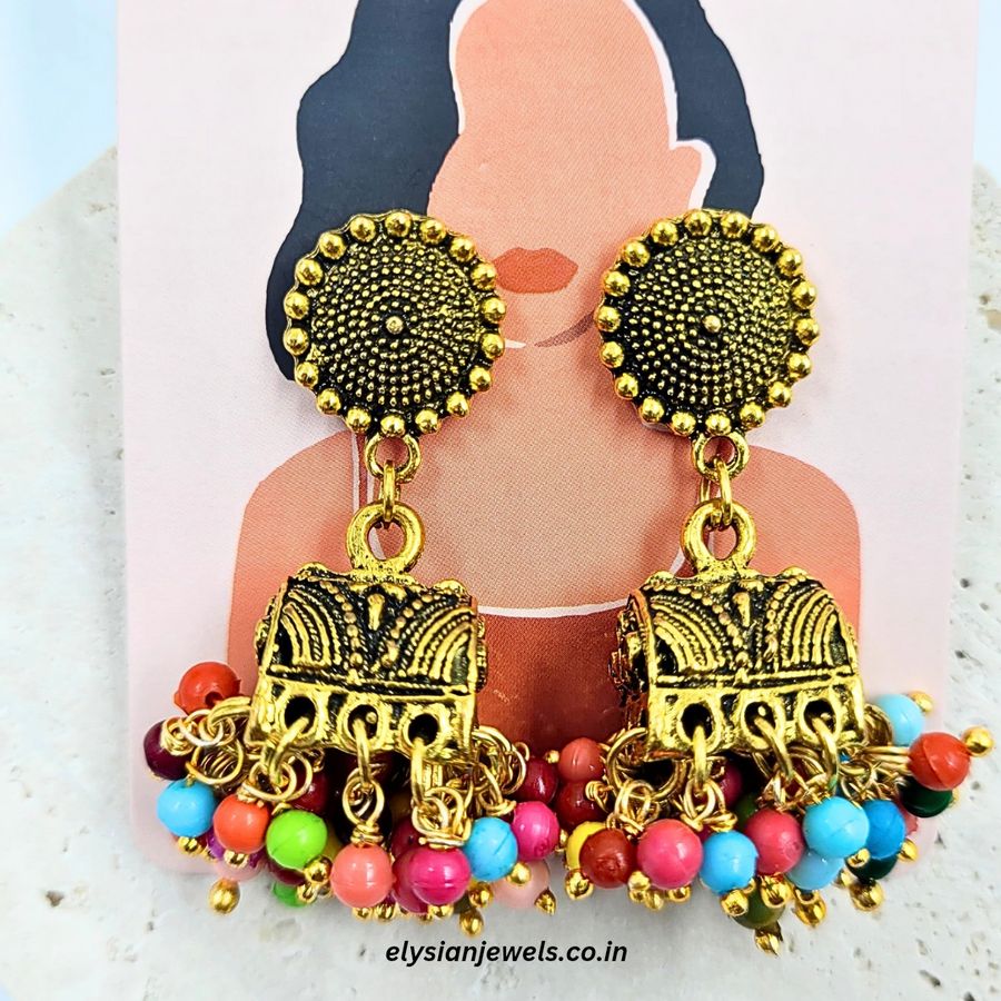 Multicolour Beads, Golden Studs With Antique Jhumka Earring