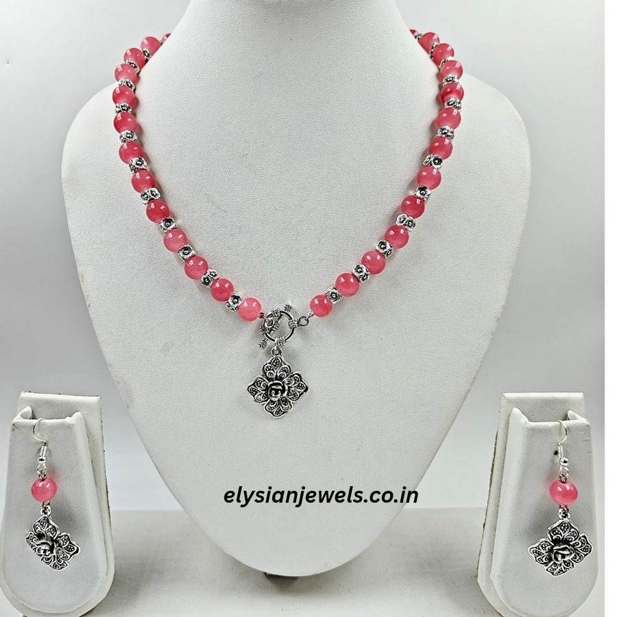Pink Beads & Silver Beads With Rose Charm Oxidized Necklace