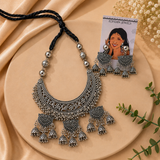 Oxidized Chand Shape Pendant, Oxidized Charms, Oxidized Jhumka With Black Cotton Dori Oxidized Necklace