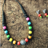 Cotton Thread Beads & Multicolour Wooden Beads With Oxidized Beads Necklace