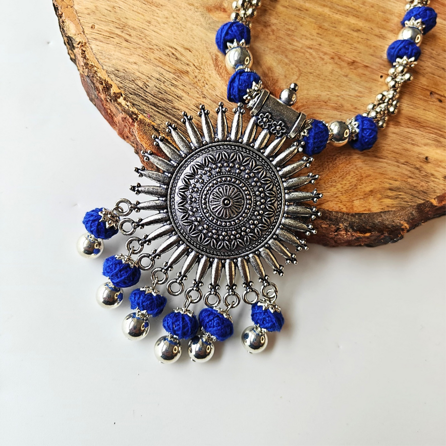 Blue Cotton Beads With Oxidized Pendant Necklace