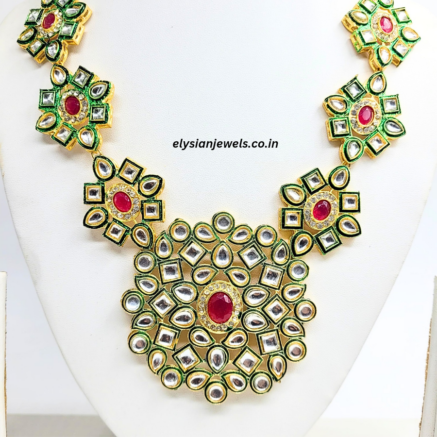 Rani Pink Stone With Green Kundan Necklace
