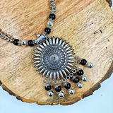 Black Colour 10mm Beads With Oxidized Pendant Necklace
