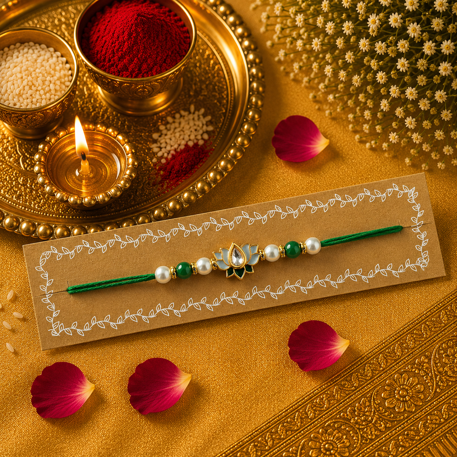 Thread, Pearl And Green Beads With Lotus Kundan Rakhi