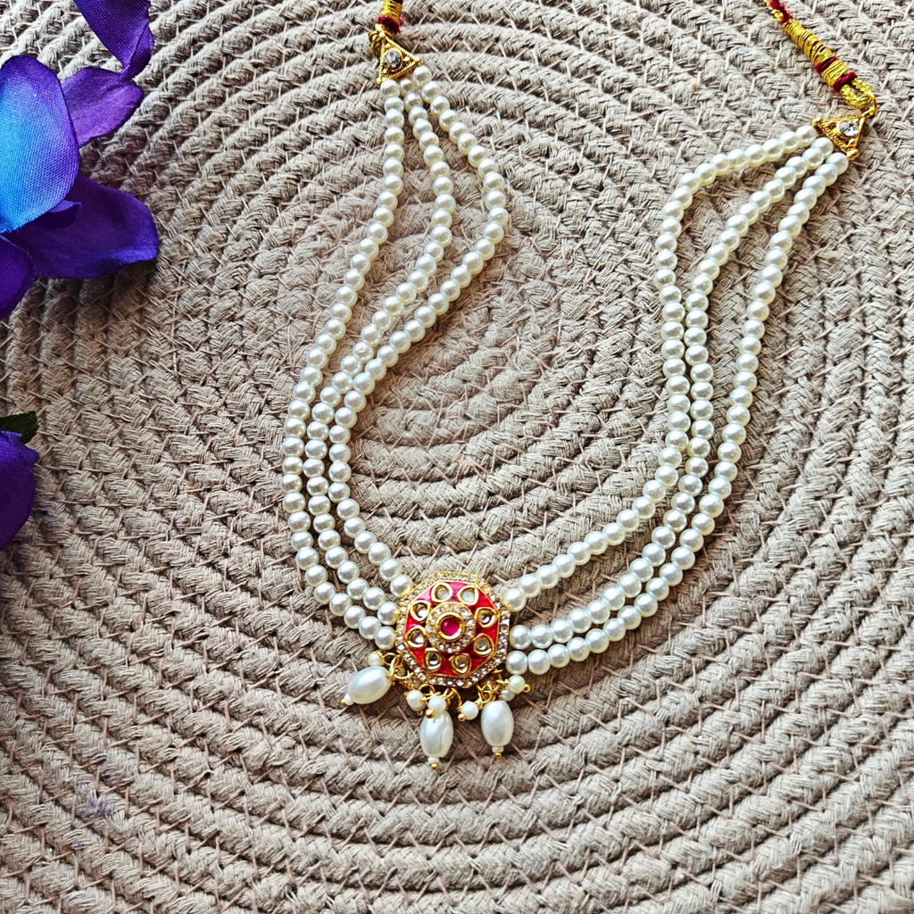 6mm Pearl With Red Meenakari Kundan Necklace