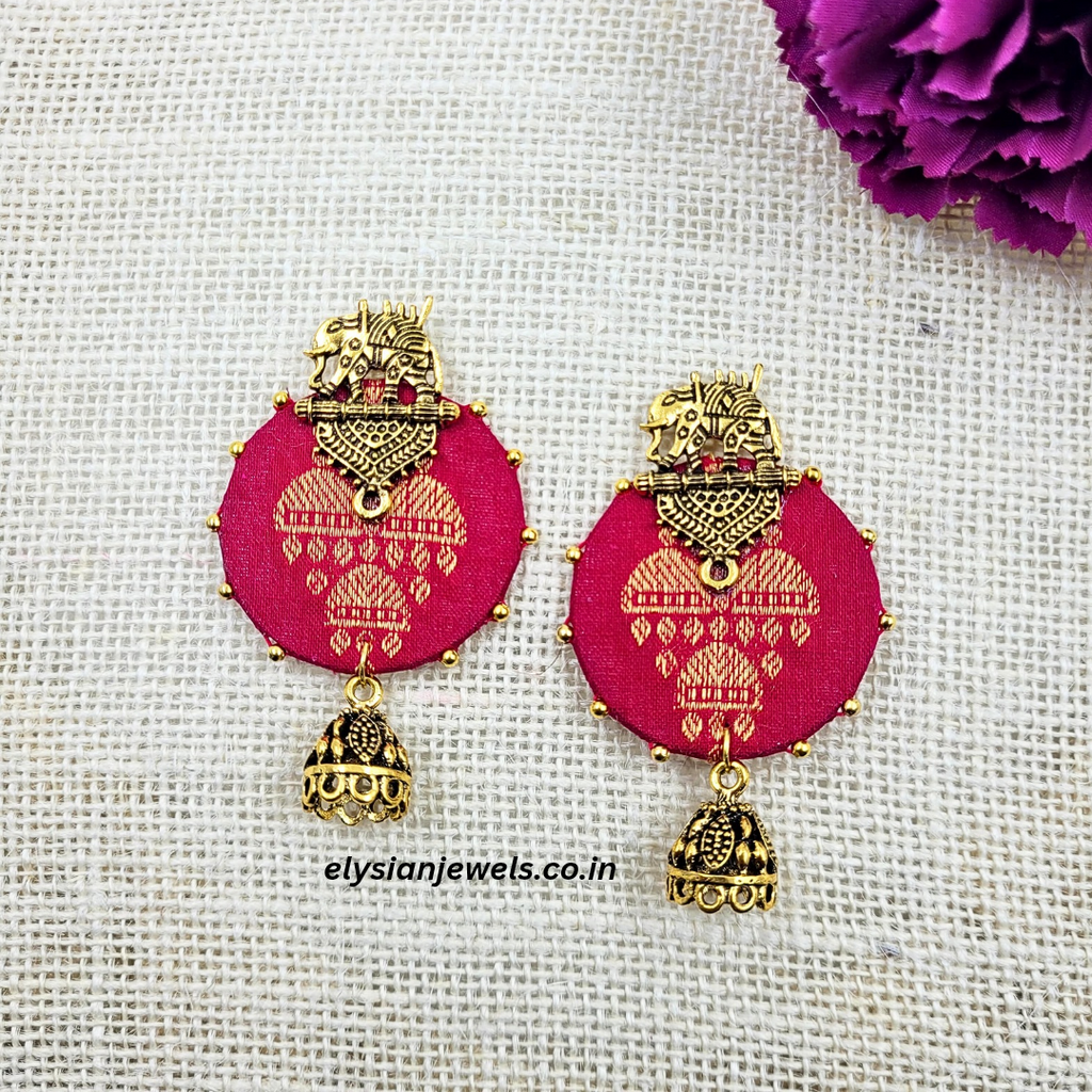 Elephant Design Studs And Antique Jhumka With Magenta Pink Febric Earring