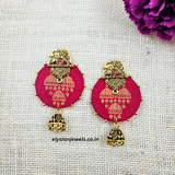 Elephant Design Studs And Antique Jhumka With Magenta Pink Febric Earring