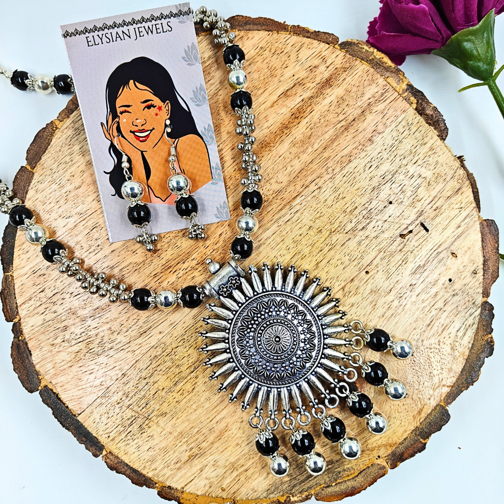 Black Colour 10mm Beads With Oxidized Pendant Necklace