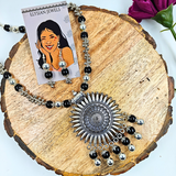 Black Colour 10mm Beads With Oxidized Pendant Necklace