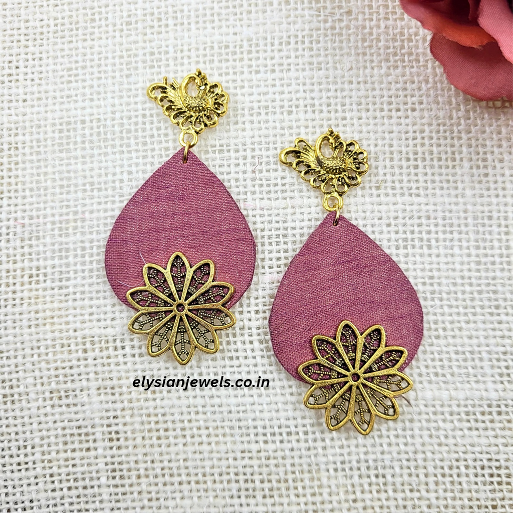 Antique Charm And Peacock Design Studs With Pink Purple Fabric Earring