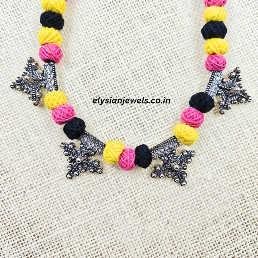 Black, Pink And Yellow Cotton Beads With German Silver Oxidized Necklace