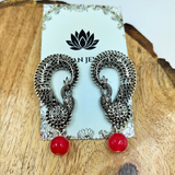 Red Beads With Oxidized Peacock Pendant Necklace