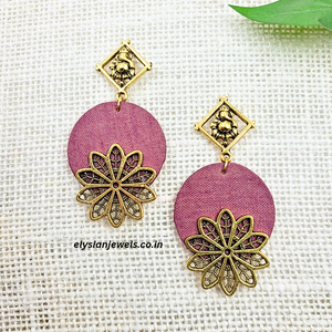 Antique Charm And Ganpati Design Studs With Pink Purple Fabric Earring