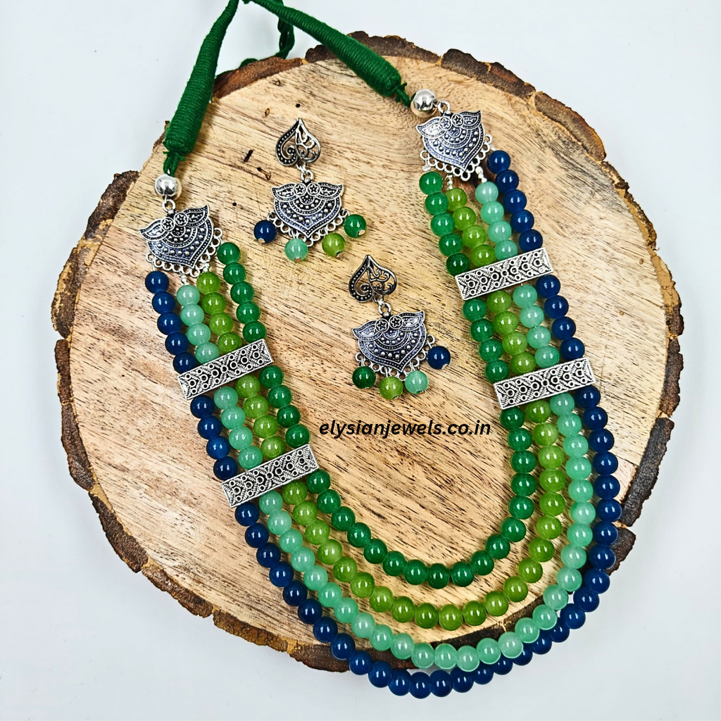 Blue Green Beads With Green Back Rope Oxidized Necklace
