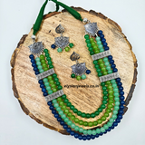 Blue Green Beads With Green Back Rope Oxidized Necklace