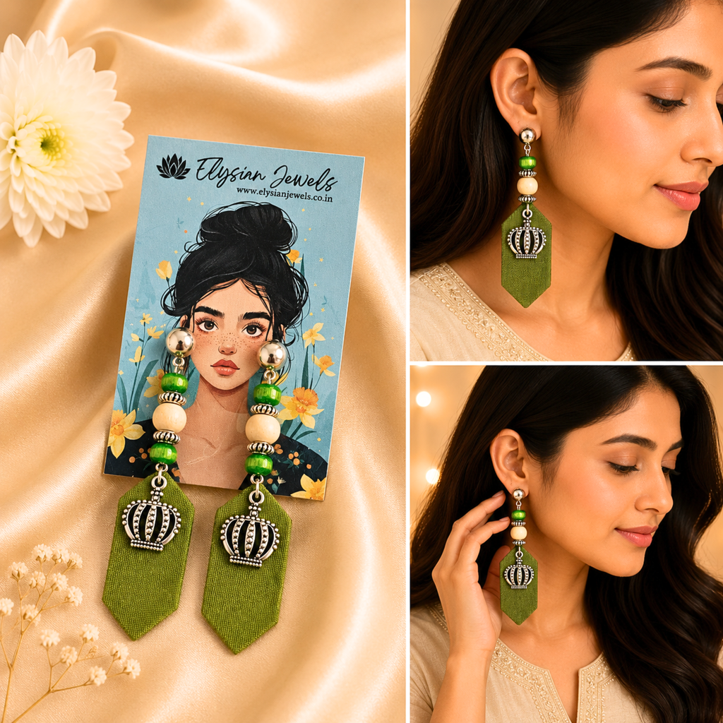 Crown Charm, Wooden Beads With Green Fabric Earring