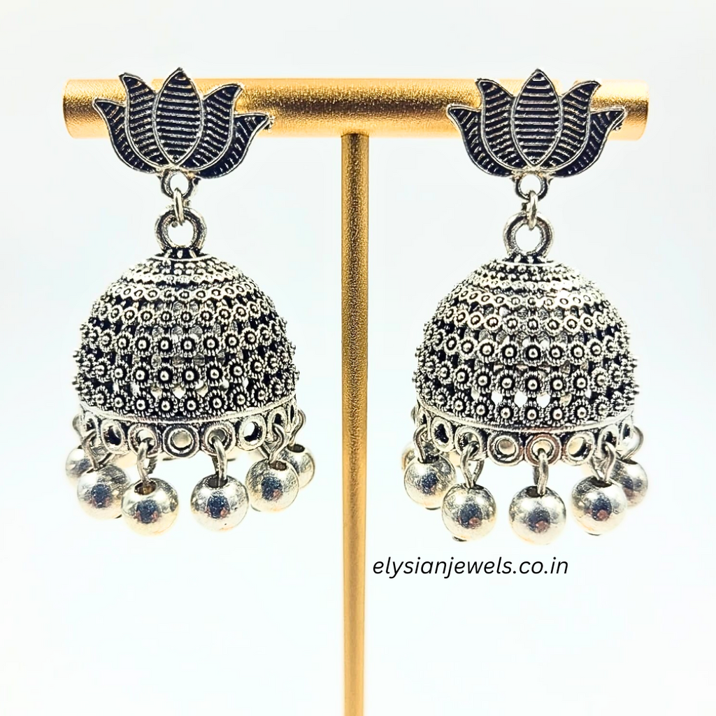 Lotus Silver Studs Oxidized Jhumka Earring
