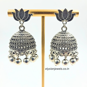 Lotus Silver Studs Oxidized Jhumka Earring