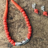 Cotton & Wooden Beads With Finger Shape Round Pendant Oxidized Necklace