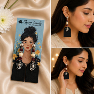 Elephant Charm, Wooden Beads With Black Fabric Earring