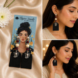 Elephant Charm, Wooden Beads With Black Fabric Earring