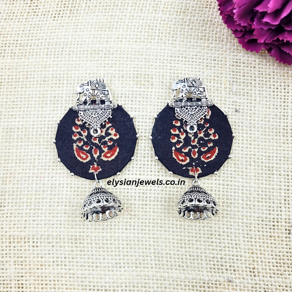 Elephant Design Studs And Oxidized Jhumka With Black Colour Printed Febric Earring