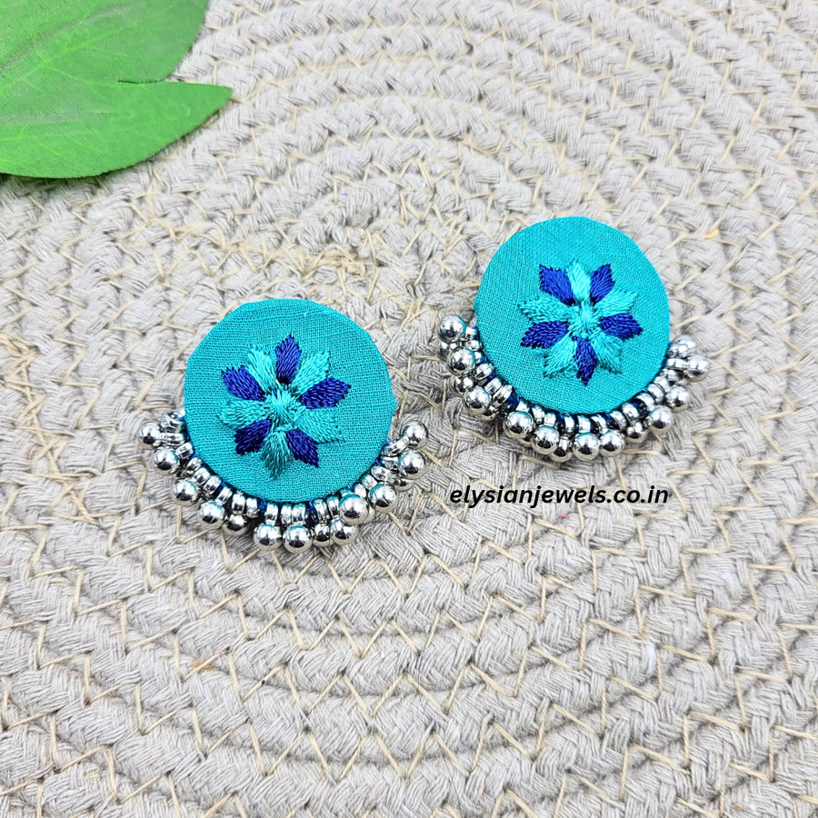 CCB Silver Beads With Teal Blue Flower Work Fabric Earring