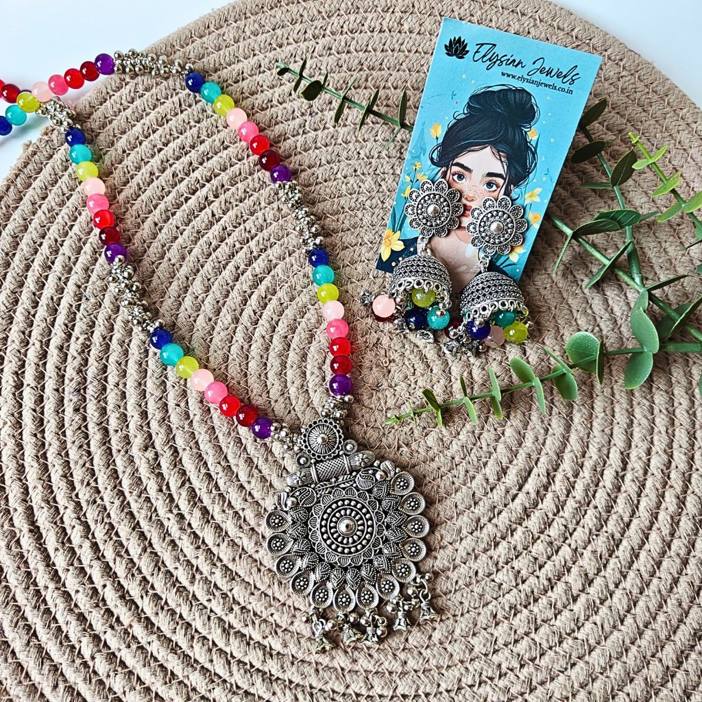 8mm Multicolour Beads, CCB Beads With Oxidized Pendant Necklace