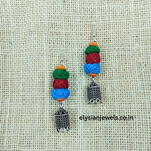 Orange Wooden And Multicolour Cotton Beads With Oxidized Jhumka Earring