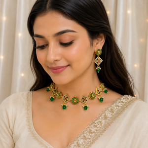 Green Beads With Green Square And Green Round Meenakari Kundan Necklace