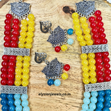Blue, Sky Blue, Red, Yellow Beads With Red Back Rope Oxidized Necklace
