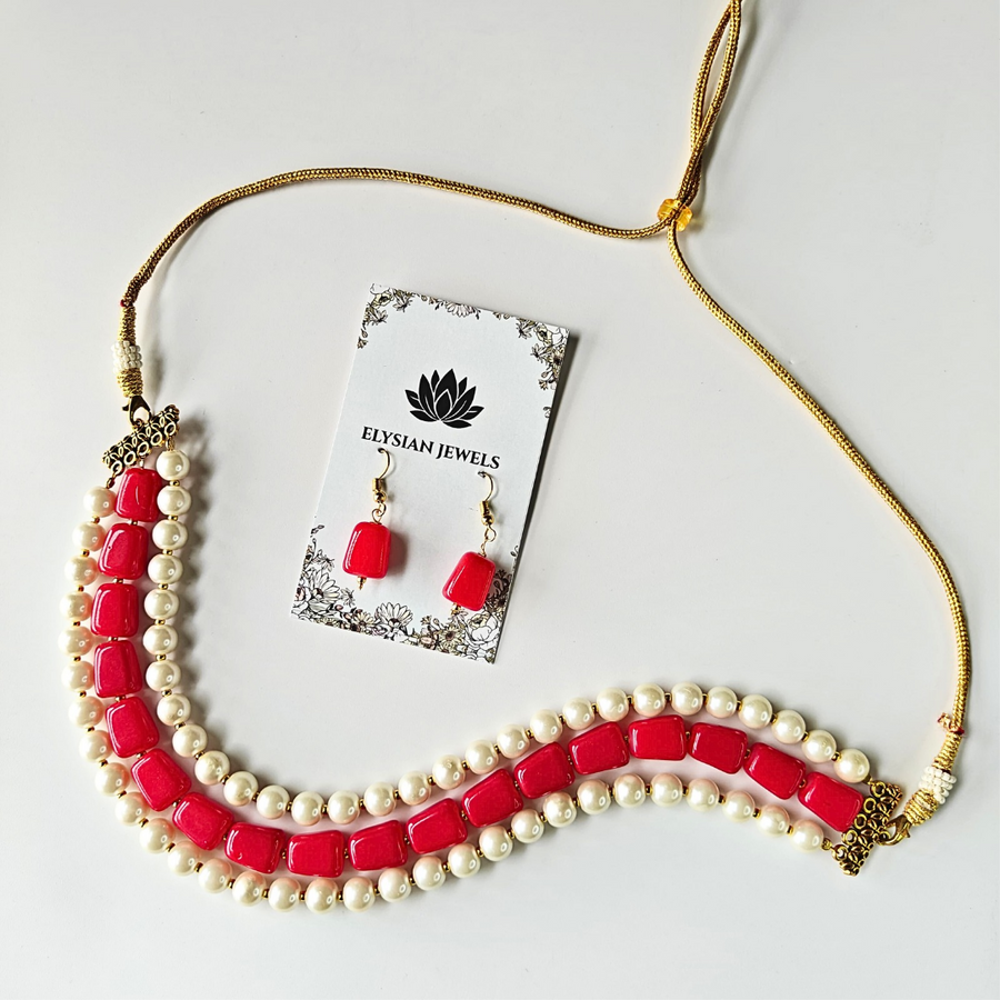 Pearls With Red Tumble Beads Three Layer Necklace