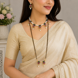Pearls With Green Pink Kundan Necklace, Earrings, Mangalsutra combo set