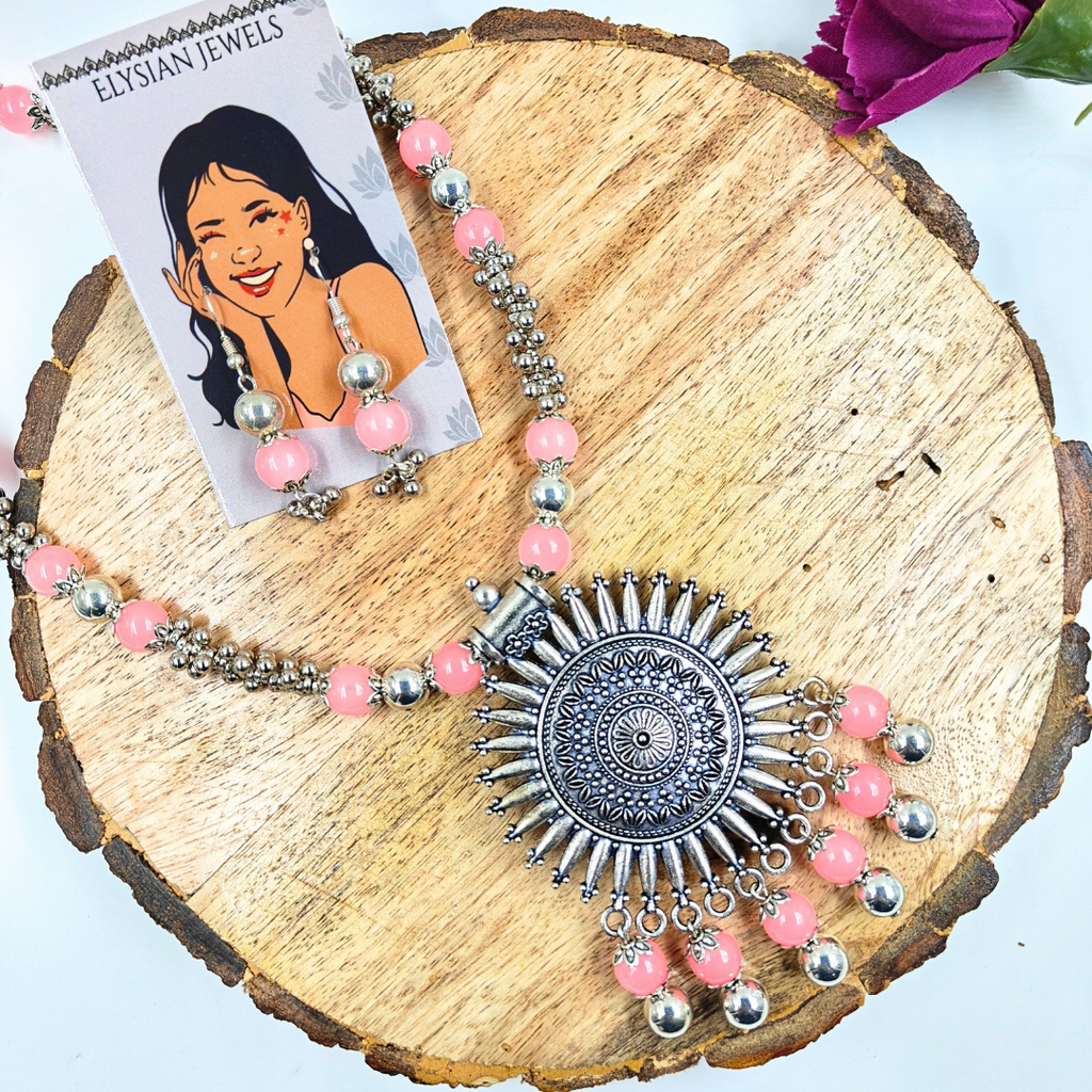 Baby Pink Colour 10mm Beads With Oxidized Pendant Necklace