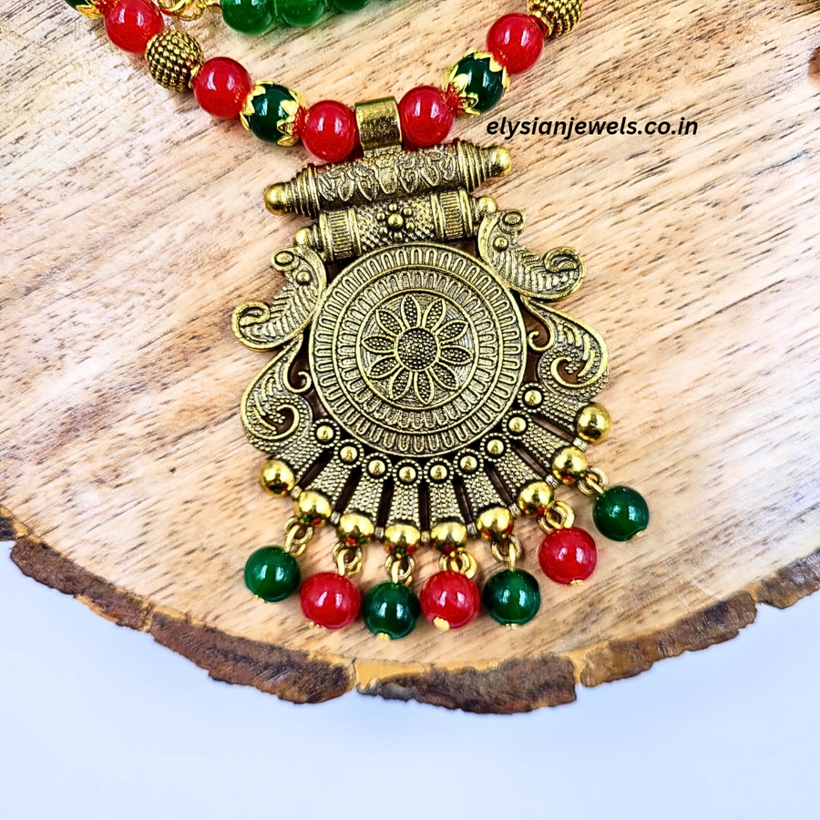 Green, Red Beads With Antique Pendant Necklace