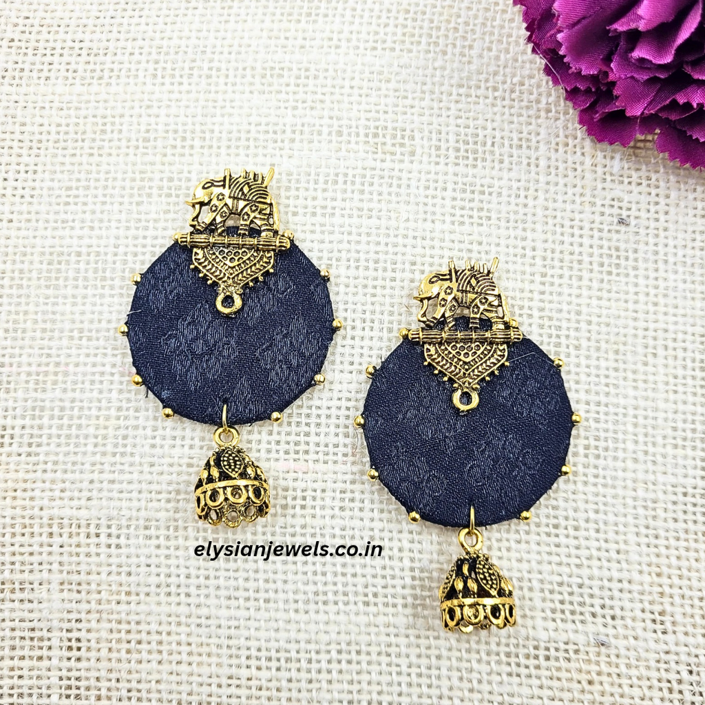 Elephant Design Studs And Antique Jhumka With Black Colour Febric Earring