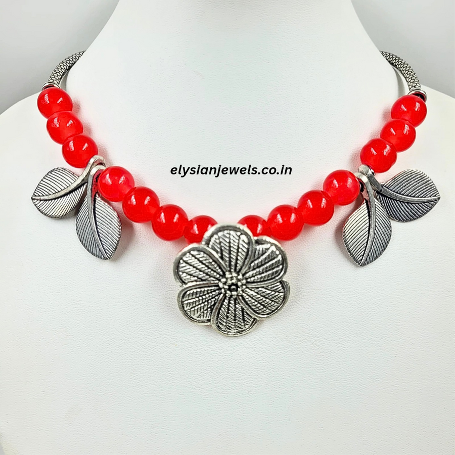 Red Beads, Flower And Leaf Oxidized Pendant Necklace