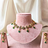 Green Beads With Green Square And Green Round Meenakari Kundan Necklace