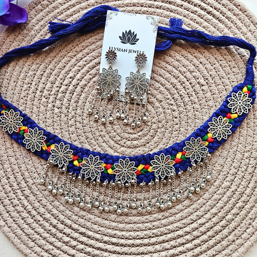 Blue Dori With Oxidized Flower Charm Necklace