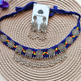 Blue Dori With Oxidized Flower Charm Necklace