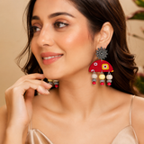 Oxidized Flower Stud And Wooden Beads With Red Half Circle Printed Fabric Earrings