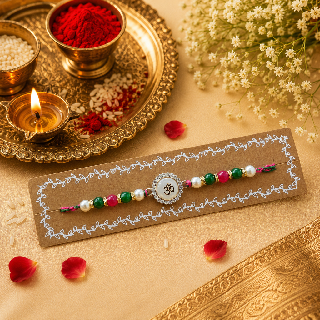 Rani Pink And Green Thread, Pearl, Green, And Rani Pink Colour Beads With A D Stone Om Kundan Rakhi